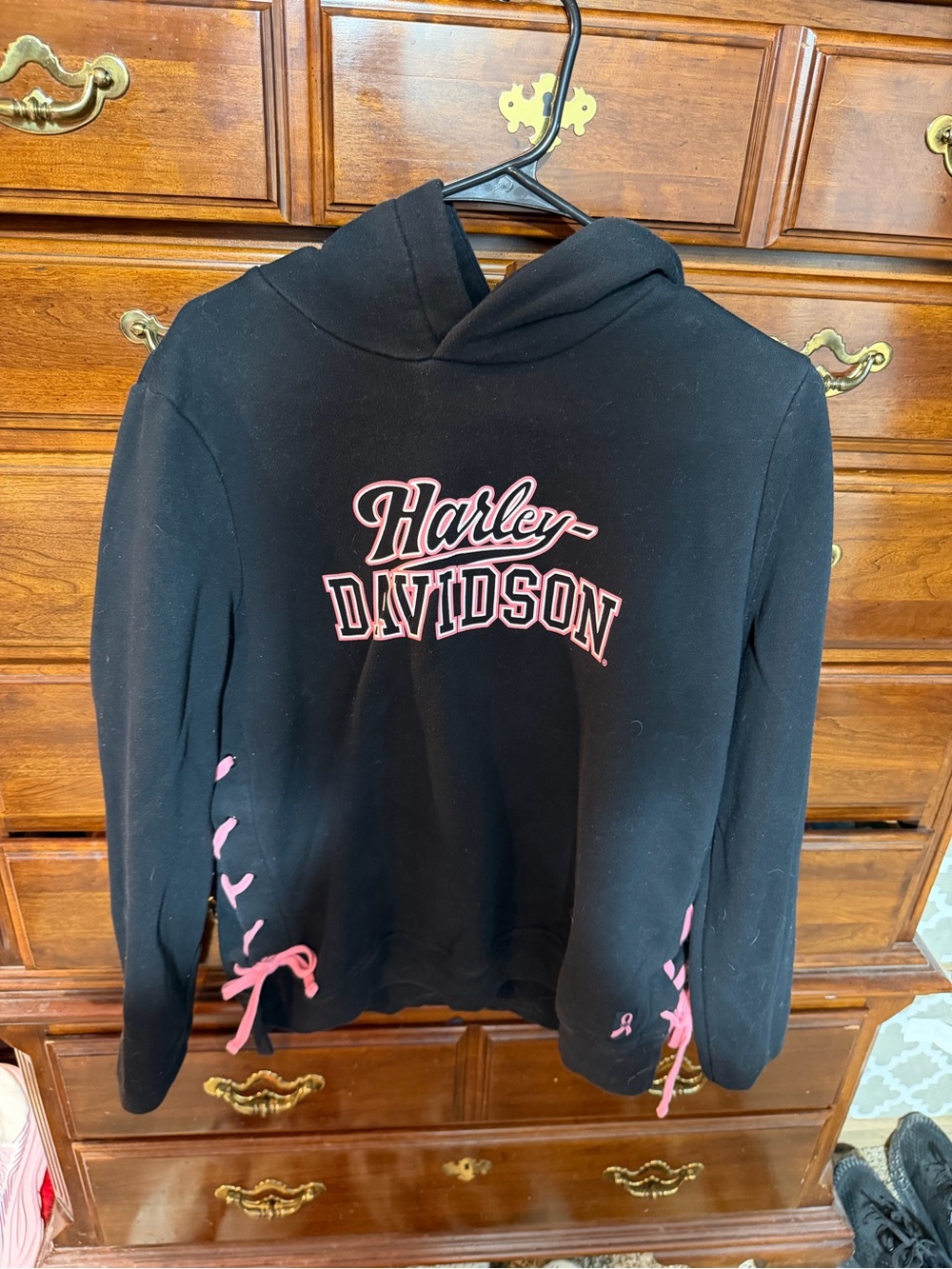 Harley-Davidson Black Hoodie with Pink Logo and Side Lace